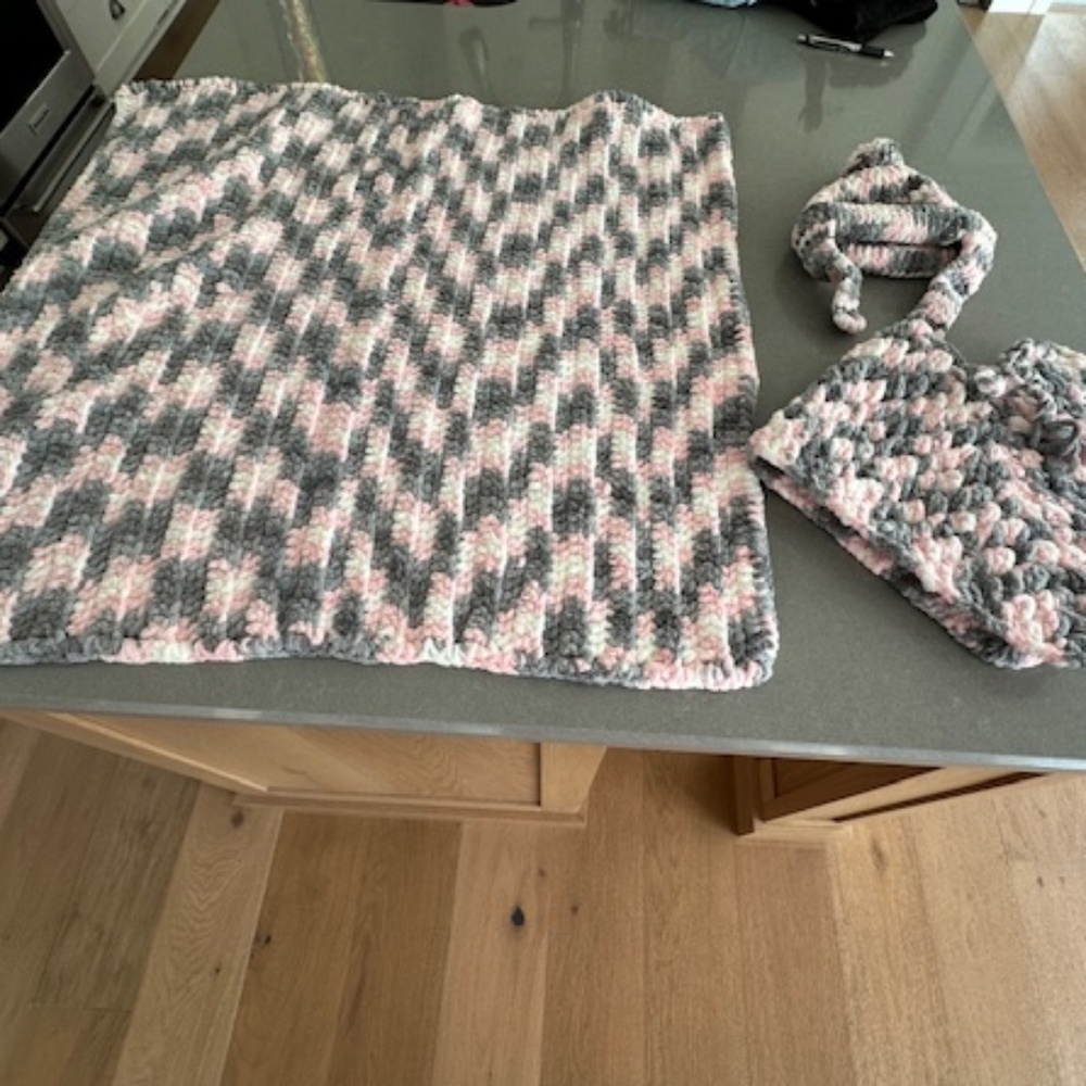 New Handmade Crochet Baby 3-Piece Set (33" Blanket, Shawl, and Hat)-Never used